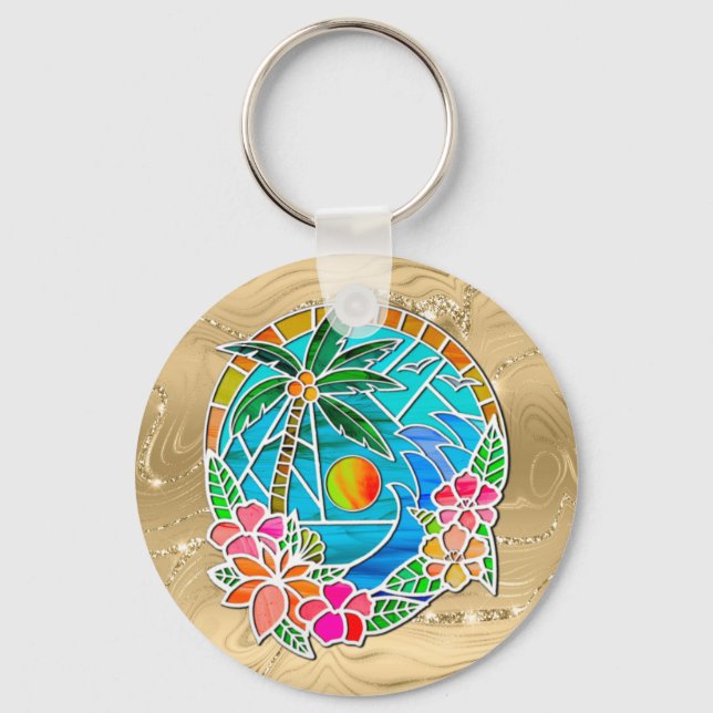 Aqua och guld Ocean Palmträd Sommarlandskap Nyckelring (Framsida)
