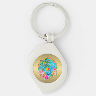 Aqua och guld Ocean Palmträd Sommarlandskap Swirl Silverfärgad Nyckelring