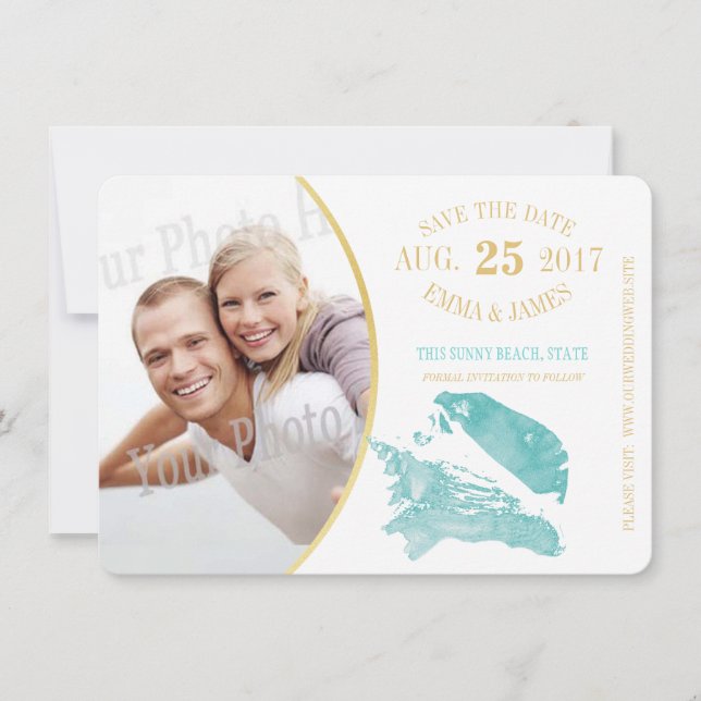 Aqua och Guld Seashell Spara datum Datumet (Framsida)