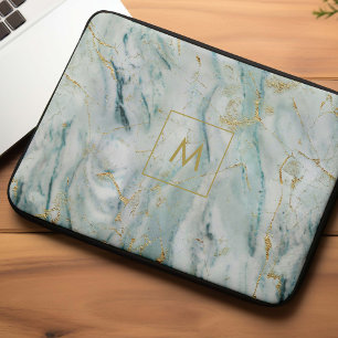 Aqua och Guld tryckt Marble Struktur Monogrammed Laptop Fodral