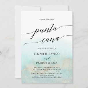 Aqua och Guld Watercolor Beach Punta Cana Bröllop Inbjudningar