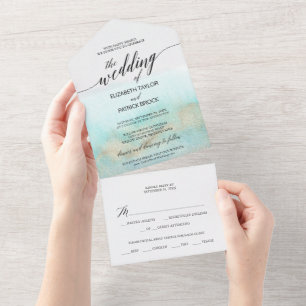 Aqua och Guld Watercolor Beach Wedding