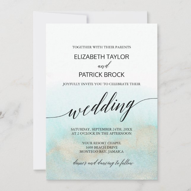 Aqua och Guld Watercolor Beach Wedding Inbjudningar (Framsida)