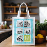 Aqua och Lime Instagram 5 Photo Collage Monogram Återanvändbar Påse<br><div class="desc">Grönt och Blue Chevron Mönster - Använda fem fyrkantiga foton som skapar en unik och personlig gåva. Eller så kan du behålla hipstervalpen och göra ett trendig till keepy. Om du behöver justera bilder klickar du på verktyg för att anpassa ändringar.</div>