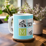 Aqua och Lime Instagram 5 Photo Collage Monogram Kaffemugg<br><div class="desc">Grönt och Blue Chevron Mönster - Använda fem fyrkantiga foton som skapar en unik och personlig gåva. Eller så kan du behålla hipstervalpen och göra ett trendig till keepy. Om du behöver justera bilder klickar du på verktyg för att anpassa ändringar.</div>