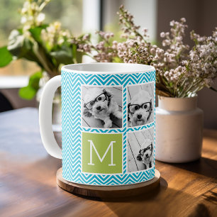 Aqua och Lime Instagram 5 Photo Collage Monogram Kaffemugg