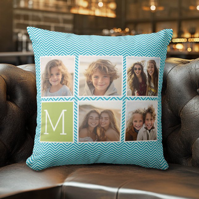 Aqua och Lime Instagram 5 Photo Collage Monogram Kudde (Custom Pillow)