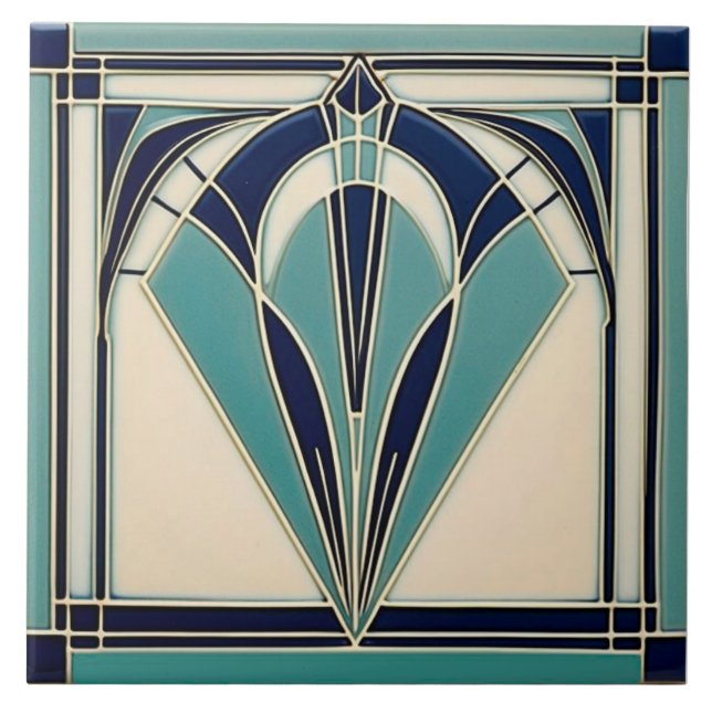 Aqua och Navy Blue Art Deco Ceramic Kakelplatta (Framsidan)