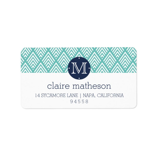 Aqua och Navy Preppy Diamond Chevron Monogram Adressetikett (Framsidan)