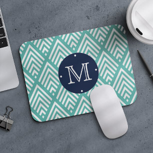 Aqua och Navy Preppy Diamond Chevron Monogram Musmatta