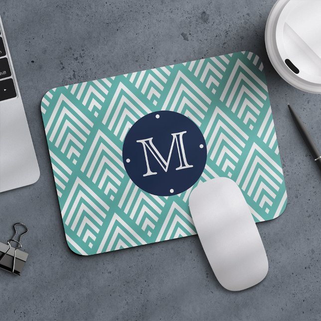 Aqua och Navy Preppy Diamond Chevron Monogram Musmatta (Skapare uppladdad)