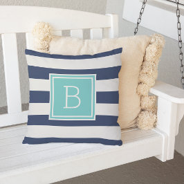 Aqua och Navy Rand Monogram utomhus Utomhuskudde