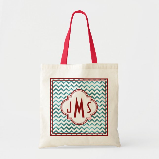 Aqua och Red Chevron Monogram Bag Tygkasse (Framsidan)