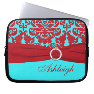 Aqua och Red Damask FAUX Ribbon Laptop sleeve