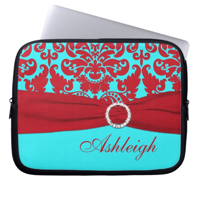 Aqua och Red Damask FAUX Ribbon Laptop sleeve (Framsidan)