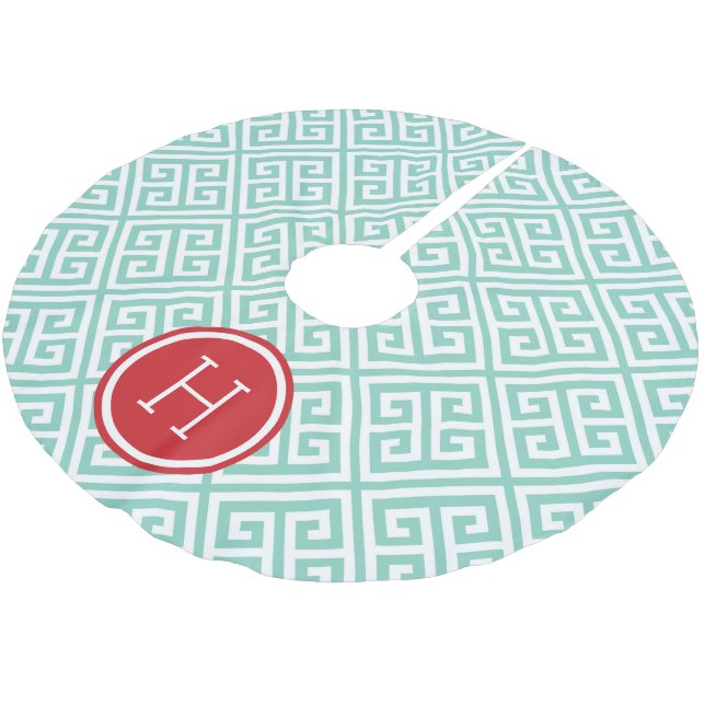 Aqua och Red Grekiska Nyckel Monogram Julgransmatta Borstad Polyester (Vinklad)