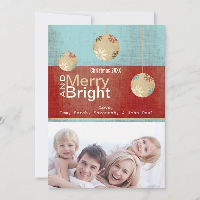 Aqua och Red Merry och Bright Family Photo Card Julkort (Framsida)