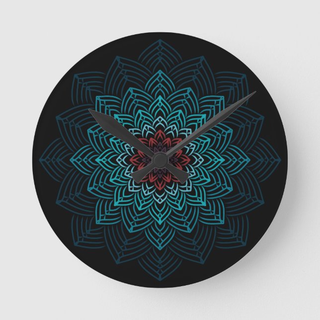 Aqua och röd blommandala rund klocka (Framsida)
