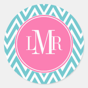 Aqua och Rosa Chevrons Monogram Runt Klistermärke