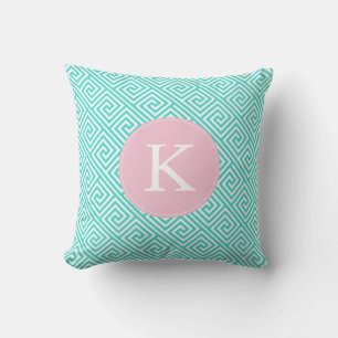 Aqua och Rosa grekiska Mönster Monogram Nyckel Kudde