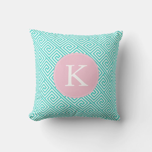 Aqua och Rosa grekiska Mönster Monogram Nyckel Kudde (Framsida)