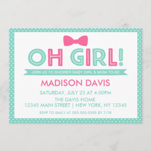 Aqua och Rosa Polka Dot Oh Girl Baby Shower Inbjudningar