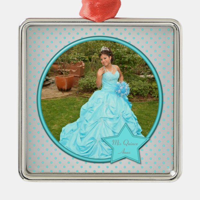 Aqua och Silver Polka Dot Photo Premium Ornament (Framsidan)