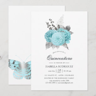 Aqua och Silver Vintage Shabby Roses Quinceañera Inbjudningar