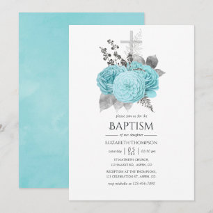 Aqua och Silver Vintage Shabby Rosor Dop Inbjudningar