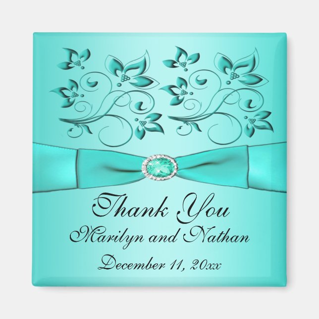 Aqua och svart blomsterbröllop present magnet (Framsidan)