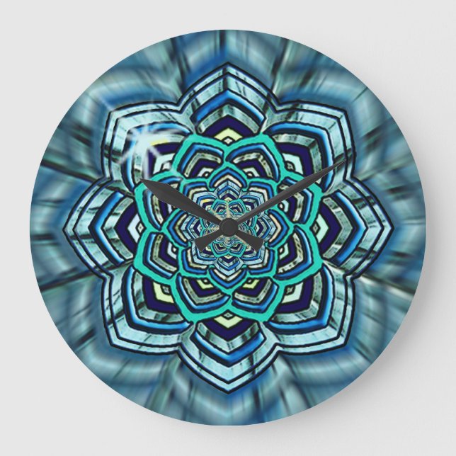 Aqua och Turcos Lotus Mandala Wall Clock Stor Klocka (Framsida)