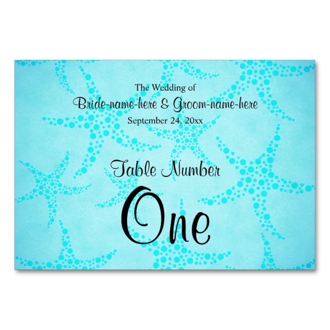 Aqua och Turcos Starfish Bröllop. Bordsnummer (Framsidan)
