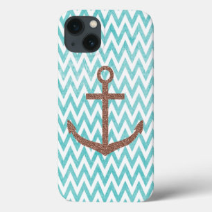 Aqua och White Chevron Glitter Anchor
