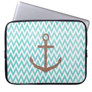 Aqua och White Chevron Glitter Anchor Laptop Sleeve
