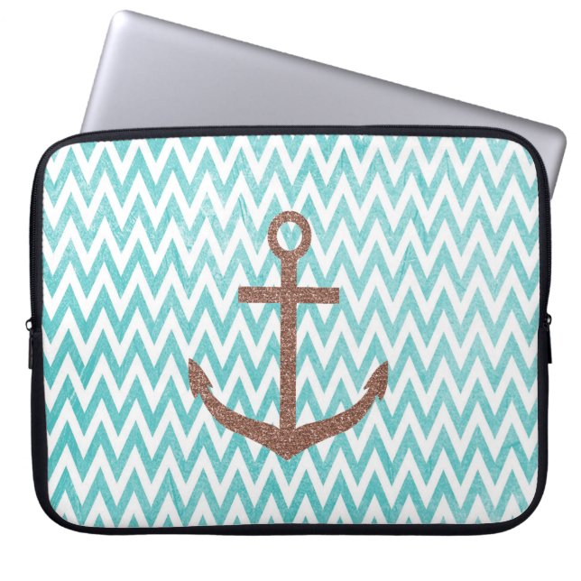 Aqua och White Chevron Glitter Anchor Laptop Sleeve (Framsidan)