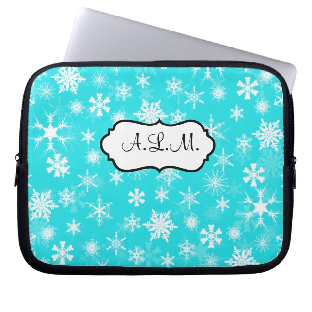 Aqua och White Snöflingor Laptop sleeve (Framsidan)