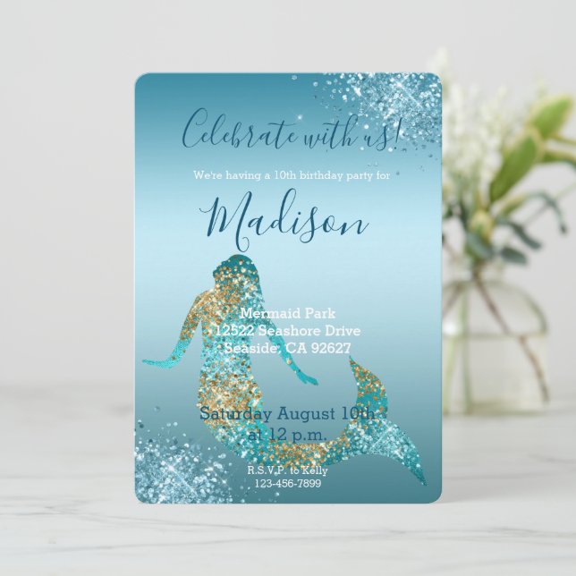 Aqua Ombre Guld Glitter Glans Siren Inbjudan (Stående Fram)