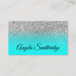 Aqua Ombre Silver Glitter Photo Visitkort