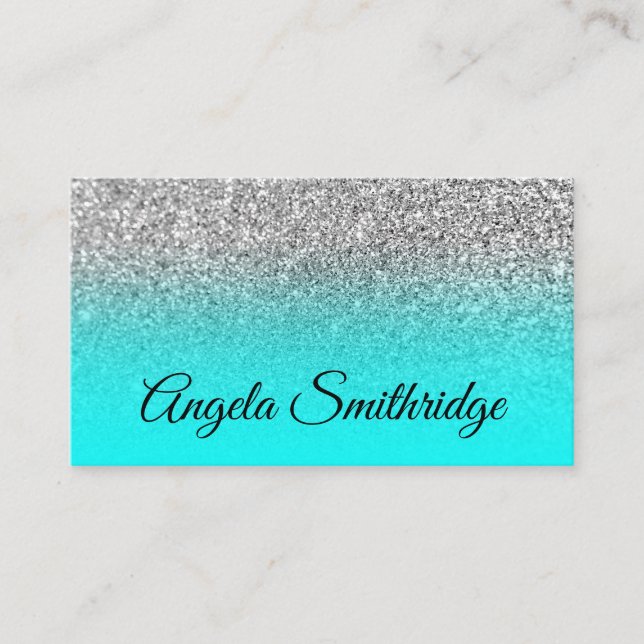Aqua Ombre Silver Glitter Photo Visitkort (Framsida)