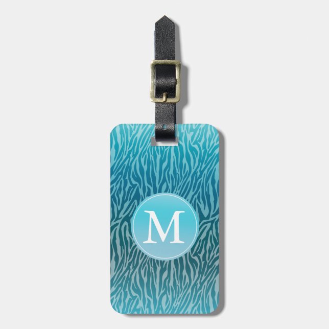 Aqua Ombre Zebra tryck Monogram Bagagebricka (Vertikal Framsida)