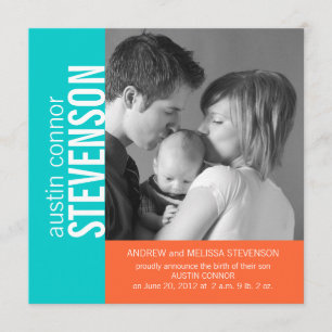 Aqua Orange Modern Pojke Birth Notice Meddelande