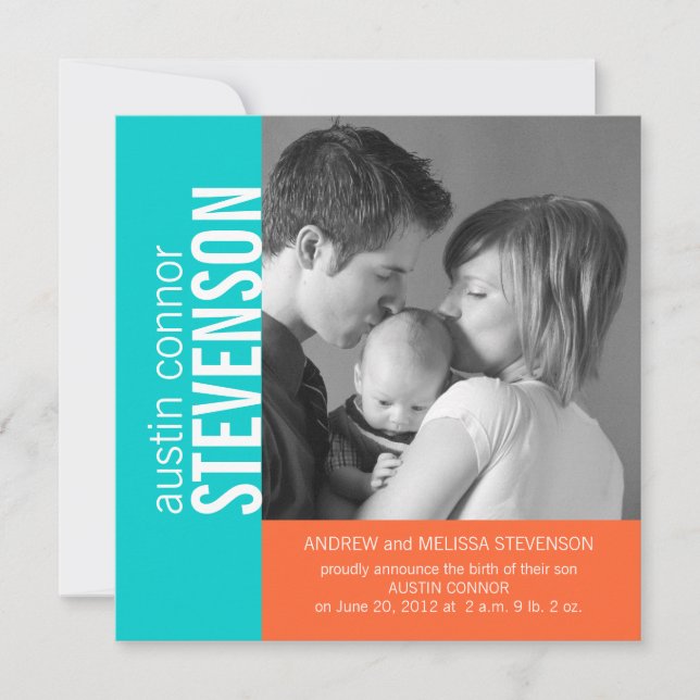 Aqua Orange Modern Pojke Birth Notice Meddelande (Framsida)