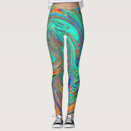 Aqua, Orange och Grönt Groovy Abstrakt Retro Art Leggings