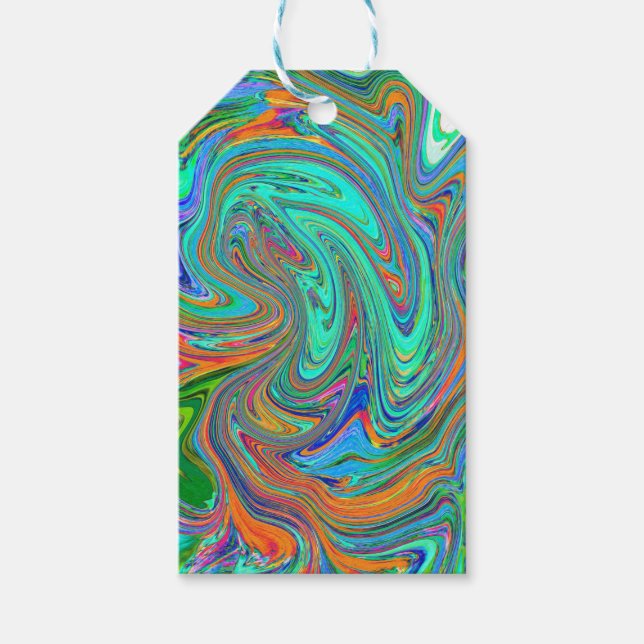 Aqua, Orange och Grönt Groovy Abstrakt Retro Art Presentetikett (Framsidan)