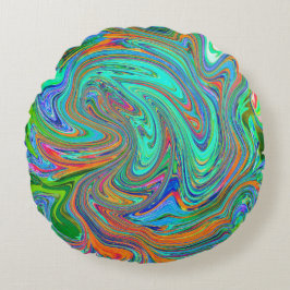 Aqua, Orange och Grönt Groovy Abstrakt Retro Art Rund Kudde