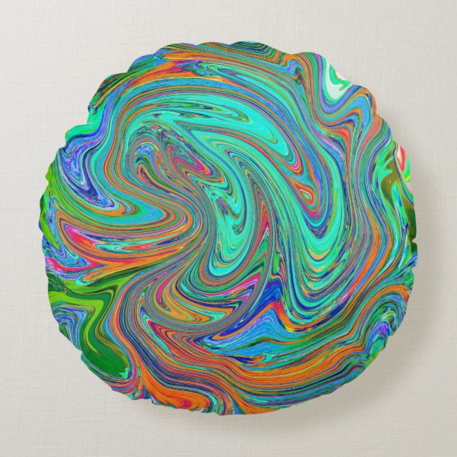 Aqua, Orange och Grönt Groovy Abstrakt Retro Art Rund Kudde (Framsidan)