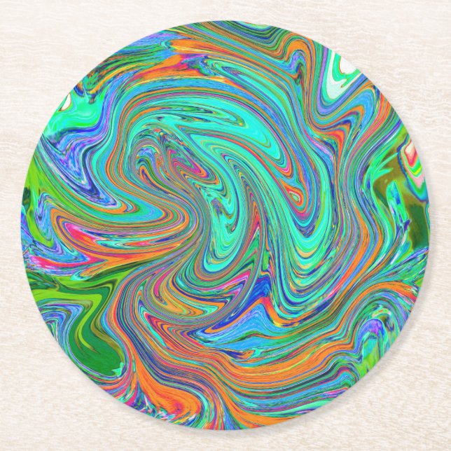 Aqua, Orange och Grönt Groovy Abstrakt Retro Art Underlägg Papper Rund (Framsidan)