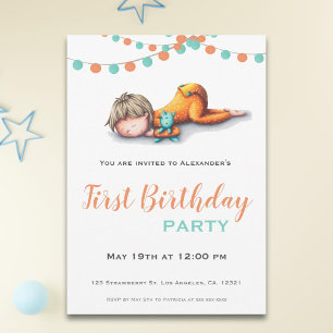 Aqua Orange Sleeping Boy Garland First Birthday Inbjudningar