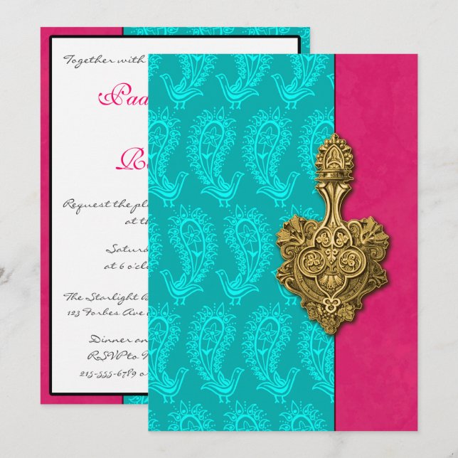 Aqua Paisley Peacocks indisk bröllopsinbjudan Inbjudningar (Fram/baksida)