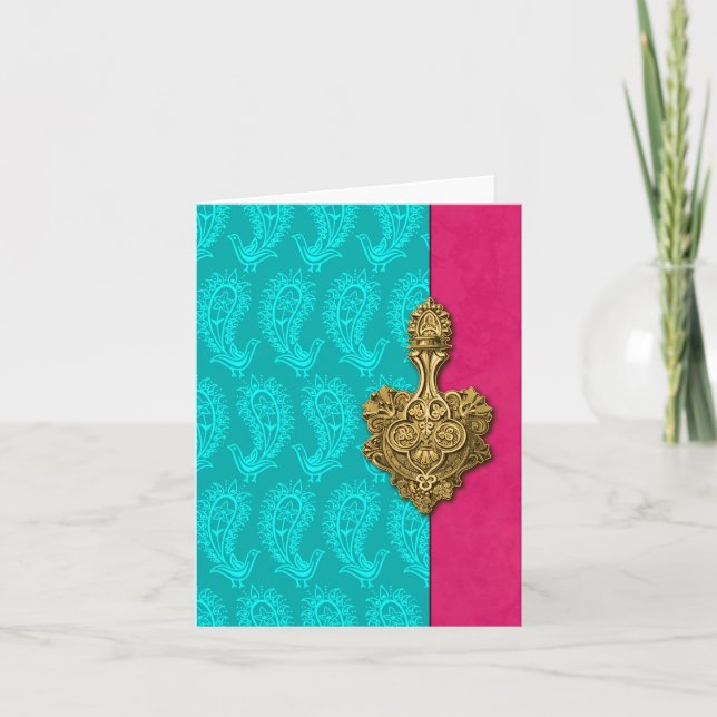 Aqua Paisley Peacocks indisk Note Cards Kort (Framsida)
